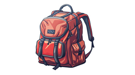 Illustrated red backpack with multiple pockets and black straps, perfect for travel and adventure. Isolated on white background.