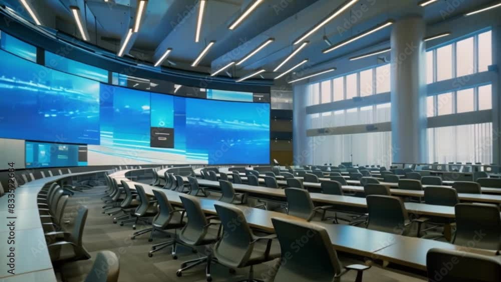 Poster a spacious room filled with numerous tables and chairs, possibly set up for a university graduation 