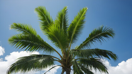 Fototapeta premium Green palm tree against the sky, landscape Generative AI