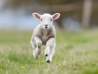 Adorable white baby lamb playing happily in a lush green field, with a hint of sun.