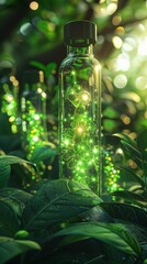 Glowing emerald liquid in glass vials amidst lush greenery, bathed in gentle sunlight, capturing a sense of natural beauty and rejuvenation with a focus on the delicate textures and colors