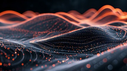 Elegant and mesmerizing abstract digital art depicting waves of glowing particles flowing through a dark background