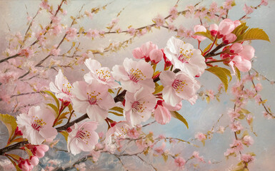 A captivating and vibrant oil painting of a branch adorned with pale pink blossoms.