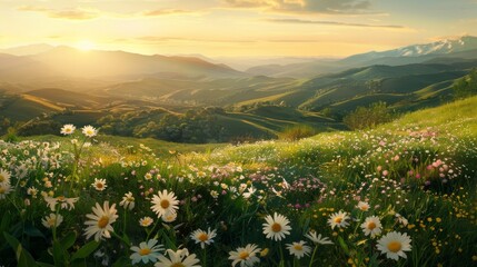 Obraz premium Beautiful spring landscape with a field of wild flowers, daisies, and grass in sunset light, nature background banner panorama.