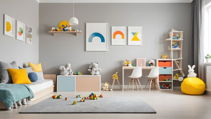 Interior of modern minimalist children's room, Generative AI