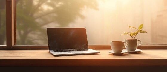 Minimalist workspace with a laptop and coffee cup, soft dawn light, medium angle, productive and serene, neutral and warm tones