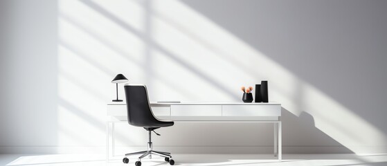 Sleek white desk with a single black chair, soft natural light, medium angle, clean and modern, crisp whites and blacks