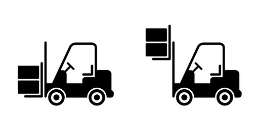 Fork truck or forklift icon. Cartoon forklift truck logo. silhouettes of fork lift truck for operator. For safely lifting and moving heavy objects, unloading, cargo and boxes. Warehouse machine.