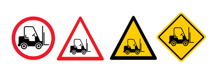 Stop, no entry for fork truck or forklift icon. Forbid, forklift truck sign. silhouettes of fork lift truck for operator. For safely lifting and moving heavy objects or boxes. Forbidden, red circle.