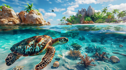 Tropical landscape with turtles and sea fishes