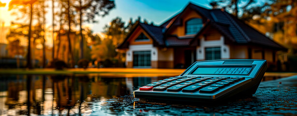 Obraz premium Real state, a calculator in the foreground and a house in the background.
