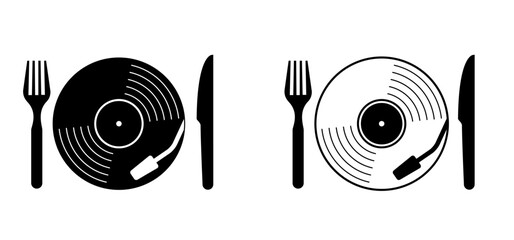 Vinyl or Lp icon. Plate, fork and knife icon. Food and dj symbol. dj . retro vinyl record album. Phonograph for turntable. Analog music recording. Gramophone label and badge. Eat, eating concept.