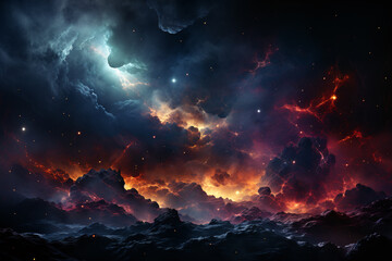 Naklejka premium A digital artwork depicting a landscape with majestic mountains reaching for a starry night sky