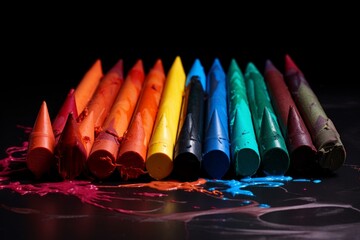 An array of colored crayons melting into vibrant pools of wax on a sleek, dark surface