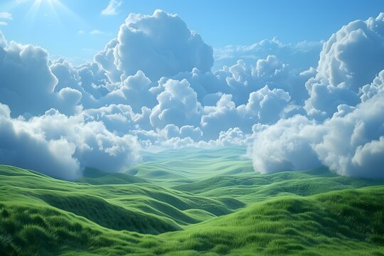 Green rolling hills under a blue sky with white clouds