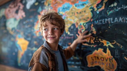 Smiling Boy Pointing at World Map in Classroom Geography Lesson