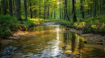 Tranquil Forest Stream with Sunlight Filtering Through Trees