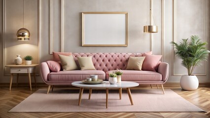 pink sofa, retro wooden table, mock up poster frame, decoration , carpet and personal accessories in elegant home decor