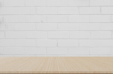closeup building exterior white brick cement wall background texture with old wood perspective counter for show,ads,design product on display concept