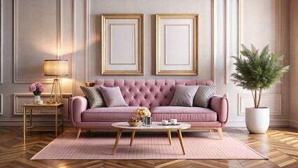 pink sofa, retro wooden table, mock up poster frame, decoration , carpet and personal accessories in elegant home decor