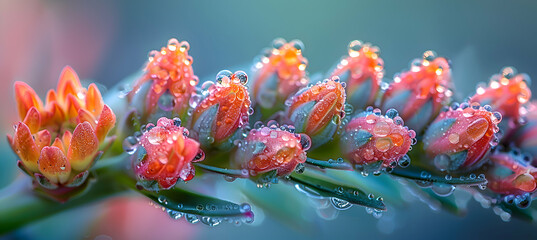 A close-up of nature steppe flowers with dew drops glistening in the morning light