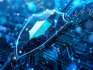 Digital shield guards a glowing binary code symbolizing cybersecurity protection against cyber threats and attacks.