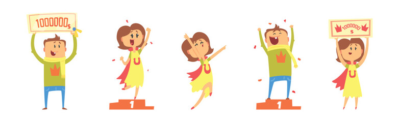 Lucky Man and Woman Character Win Fortune Vector Set