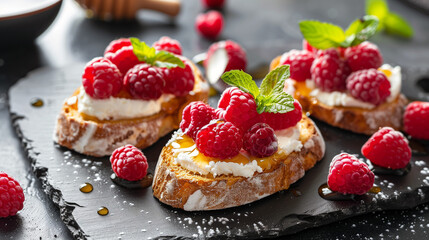 baguette slices with cottage cheese honey fresh raspberries and mint leaves