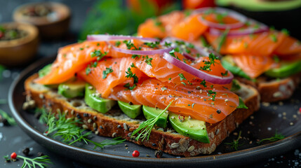 avocado toast with raw smoked salmon on the top and some red onion circle