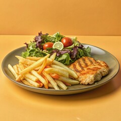 Chicken pieces plate served salad fries healthy diet sauce appetizing presentation

