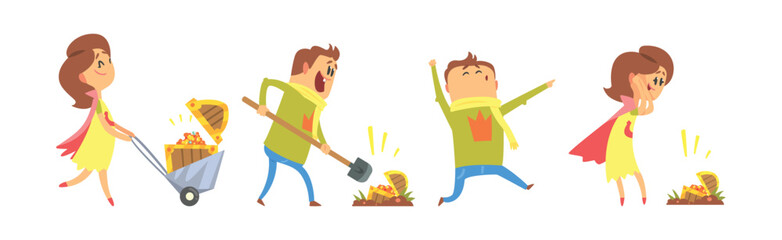 Lucky Man and Woman Character Win Fortune Vector Set