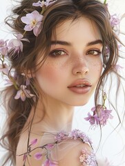 A beautiful brunettehaired model with loose waves, adorned with orchid flowers in her hair and on her dress, set against a pure white background Watercolor, Soft pastel tones, Delicate brushstrokes