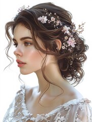 A lovely brunettehaired model with a stylish updo, highlighted by orchid flowers in her hair and on her elegant dress, set against a minimalist white background Watercolor