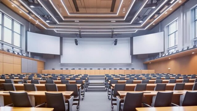 A university lecture hall with rows of tables and chairs neatly arranged for students and professors during a lecture or academic presentation.