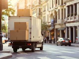 A white delivery truck parked on the street, delivering a package labeled as 00160.