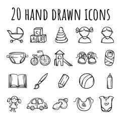 Simple vector set of black and white icons related to childhood, toys and care. Editable pictograms for website, design