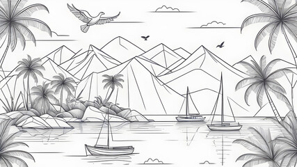 One line drawing tropical oasis island seamless pattern. Abstract landscape background with mountains, sea, coconut palm tree, yacht, birds continuous art. Generative AI