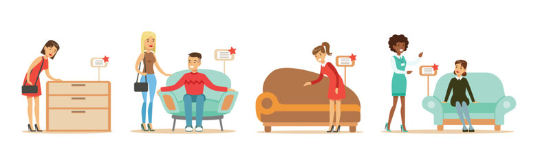 People Character In Furniture Shop Buying Object for House Interior Vector Set