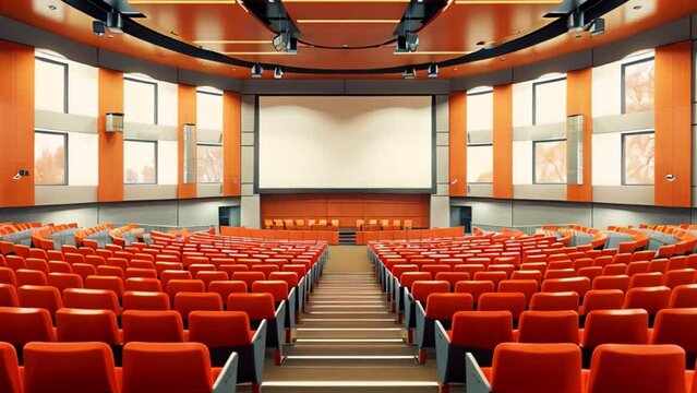 The empty university auditorium showcases rows of orange seats, typical of a university graduation setting.