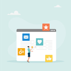 Web digital marketing concept. A marketing girl attracts clients and conducts an advertising campaign on social networks.  Vector illustration.
