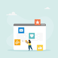 Web digital marketing concept. A marketing girl attracts clients and conducts an advertising campaign on social networks.  Vector illustration.
