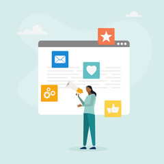 Web digital marketing concept. A marketing girl attracts clients and conducts an advertising campaign on social networks.  Vector illustration.
