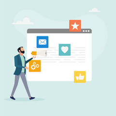 Web digital marketing concept. A male marketer attracts clients, conducts an advertising campaign on social networks.  Vector illustration.

