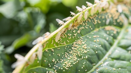 Fototapeta premium Insect Infestation on Green Leaf with Eggs and Pests