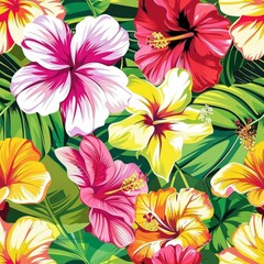 Vibrant Tropical Hibiscus Flowers and Lush Foliage Pattern