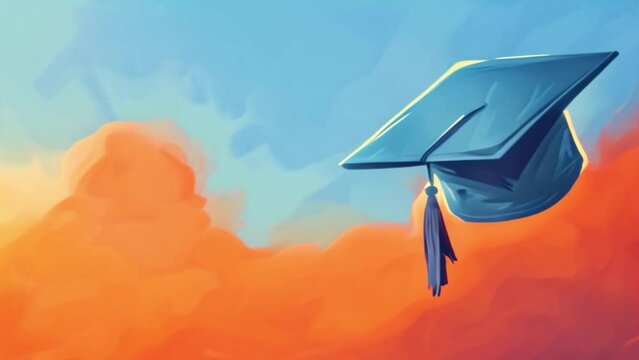 Painting depicting a graduation cap flying through the air over colorful background.