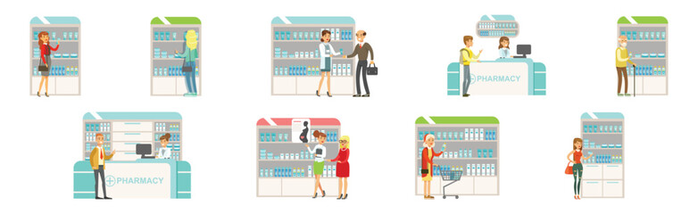 Smiling People Character at Pharmacy Store Choosing and Buying Drugs Vector Set
