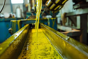 A close-up image of olive oil flowing through a metal channel during the production process at an olive oil factory. The oil is a bright yellow color, and the channel is clean and polished