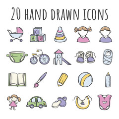 Simple vector set of color icons related to childhood, toys and care. Editable pictograms for website, application