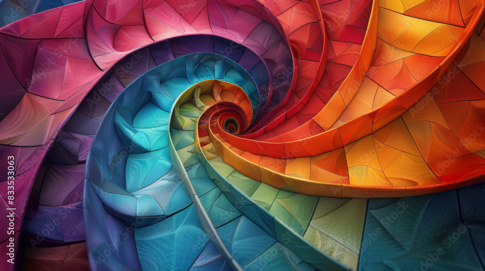 Poster a vibrant and colorful abstract geometric spiral pattern with twisting shades of red, blue, green, a